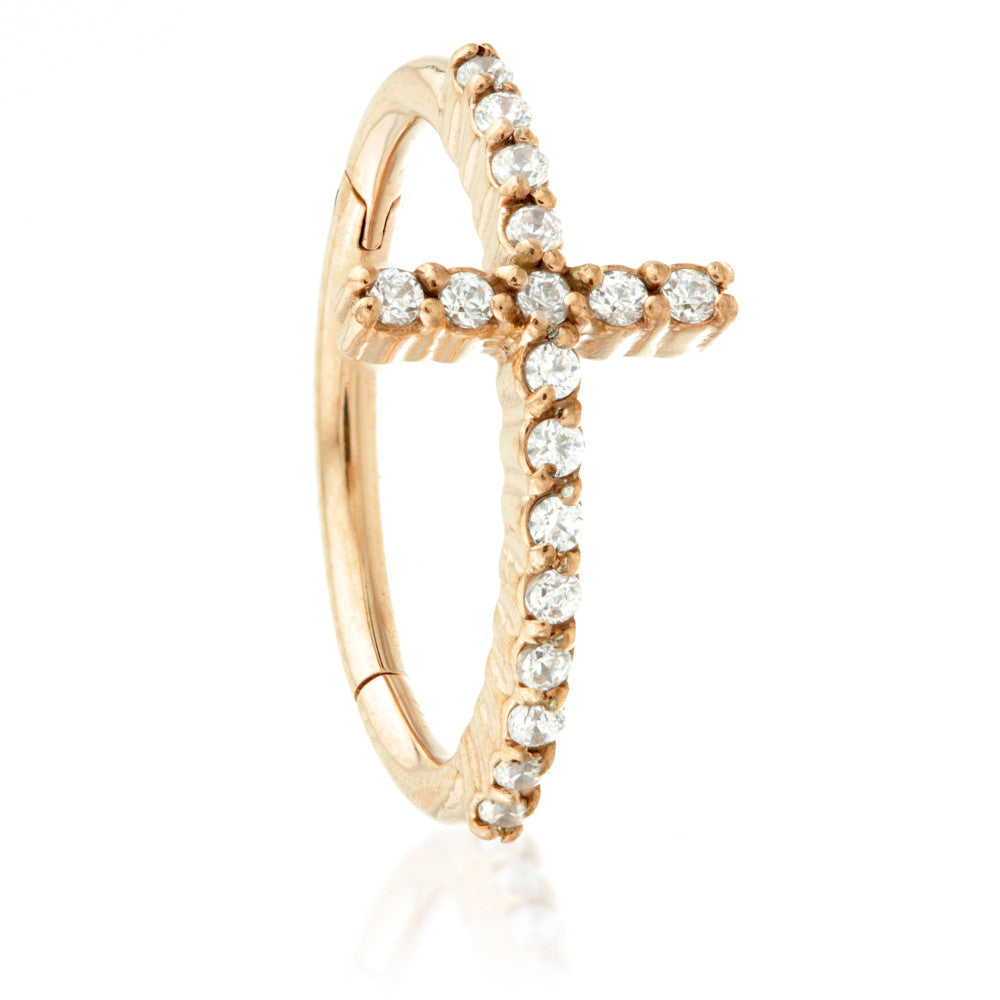 Rose Gold Steel Hinged Jewelled Pave Cross Bar Conch Ring