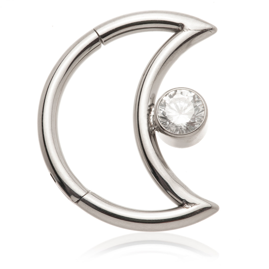Steel Moon Shaped Hinge Ring with Round Gem