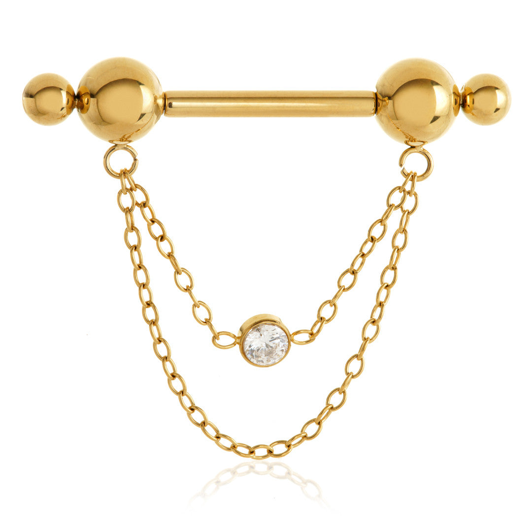 Threadless Zircon Gold Ti Double Ball Jewelled Chain Nipple Bar
