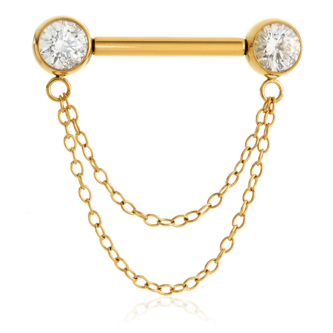 Threadless Zircon Gold Ti Jewelled Disk Double Chain Nipple Bar