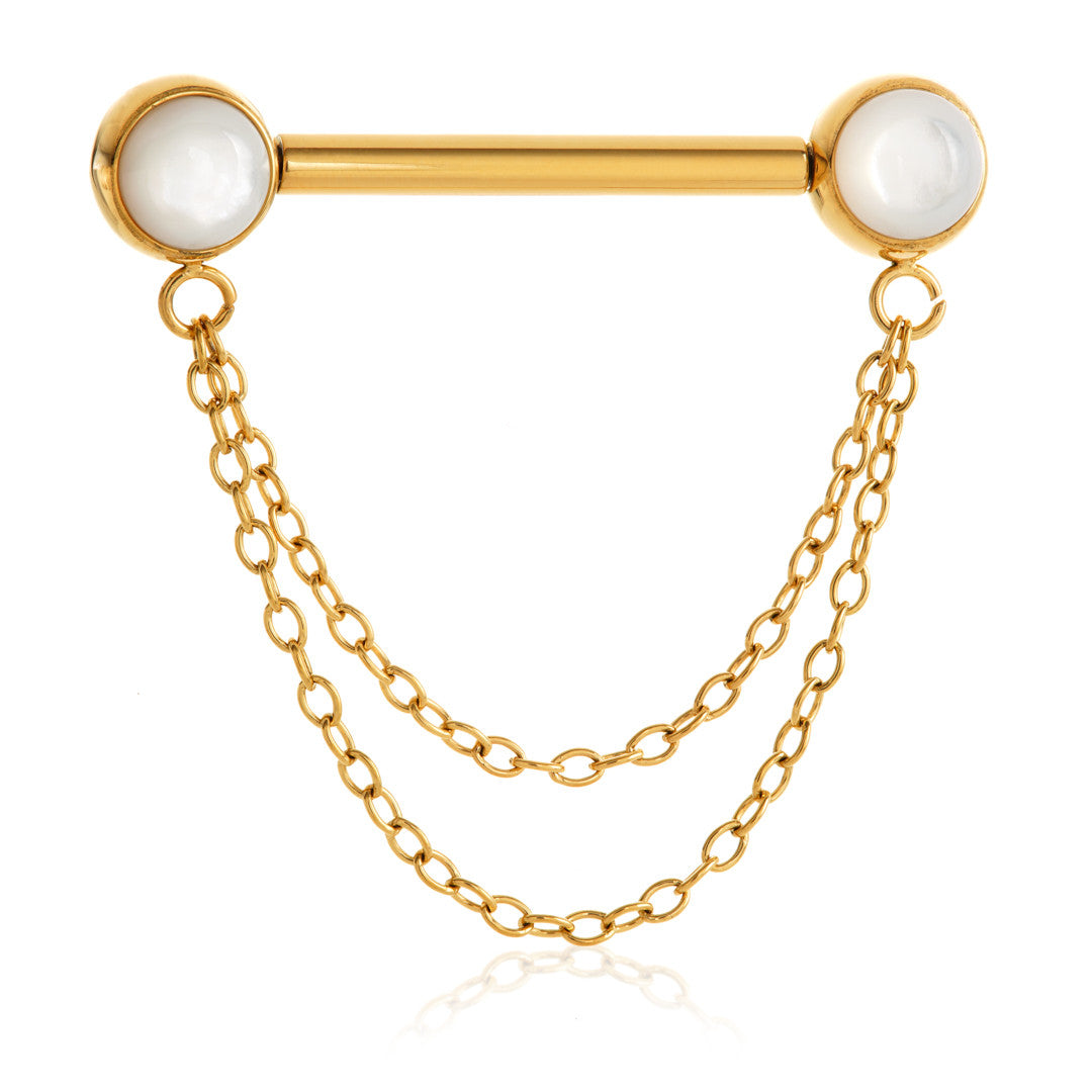 Threadless Zircon Gold Ti Shell Disk Double Chain Nipple Bar
