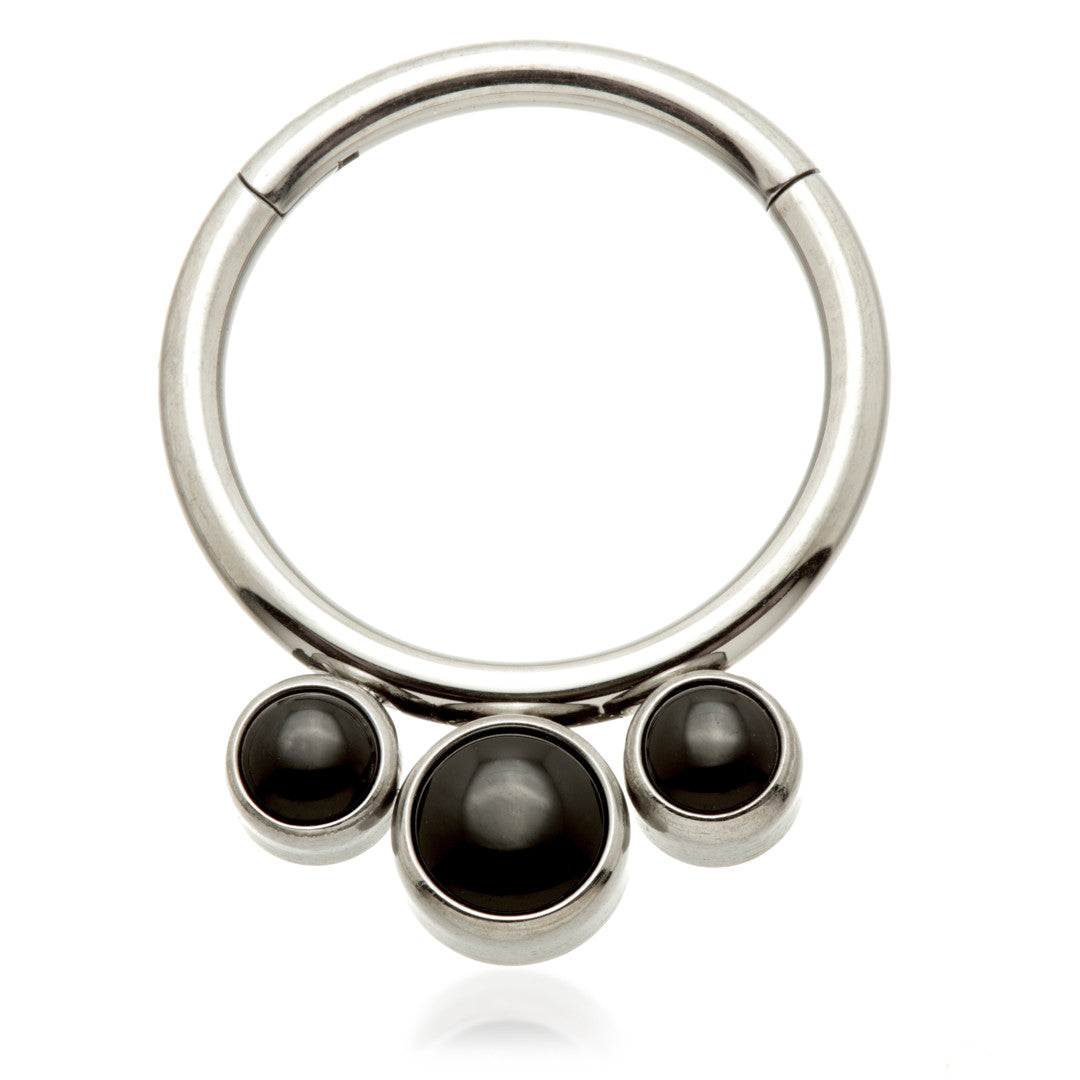 Ti Front Facing Triple Bezel with Black Agate Stone Hinged Ring
