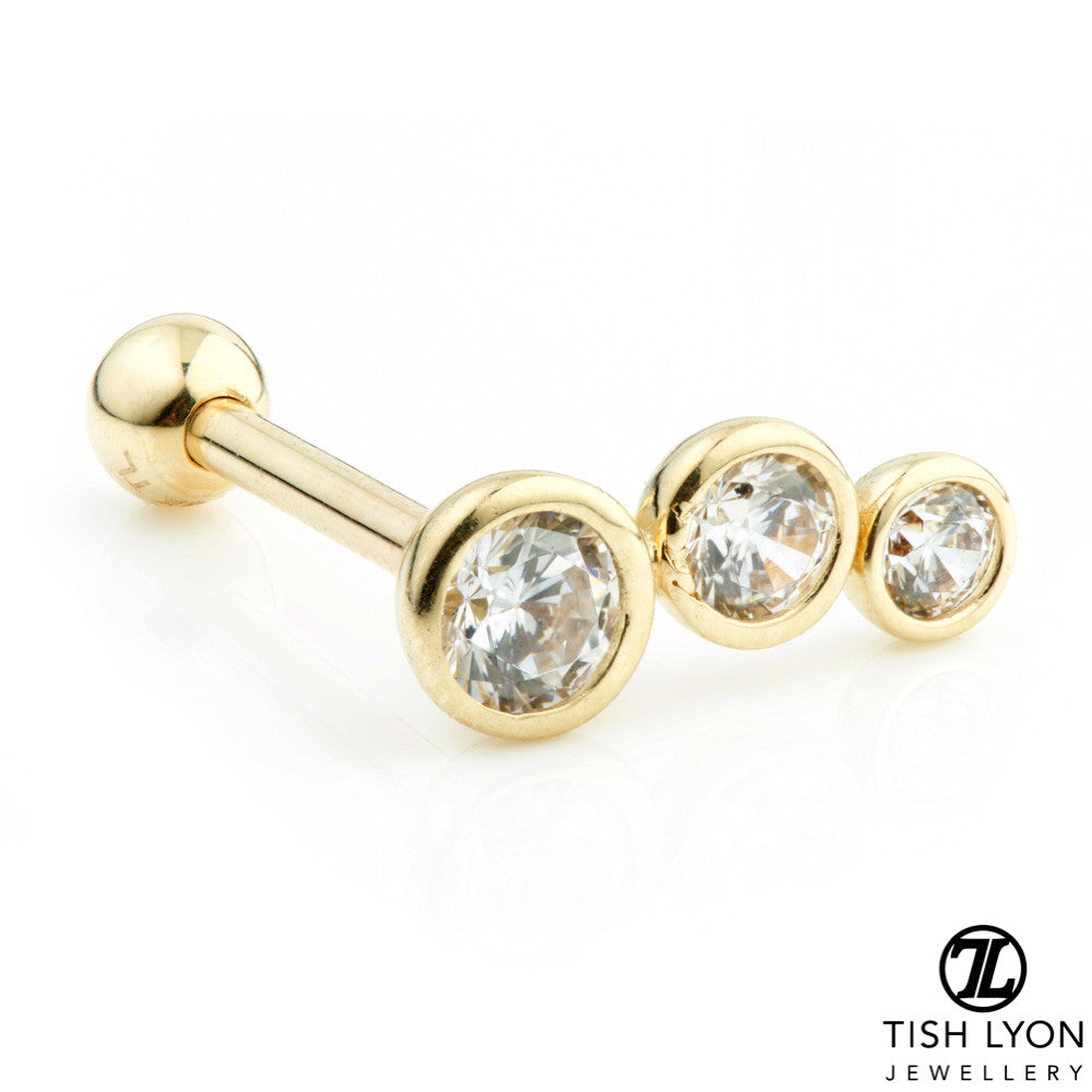 3 Graduated Gem 14 Carat Solid Gold Barbell Earring