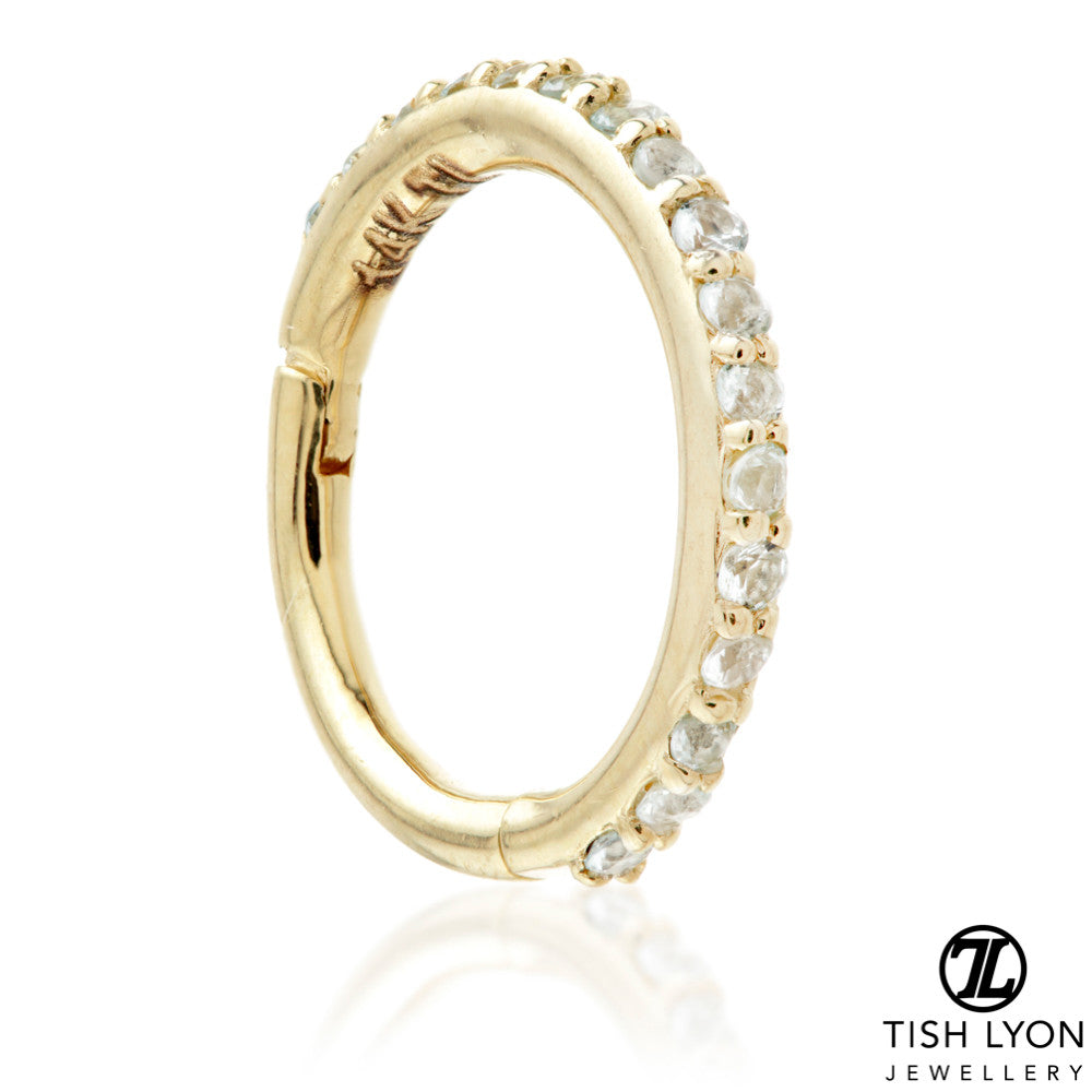 TL - 14ct Gold Blue Topaz Pave Eternity Hinge Ring