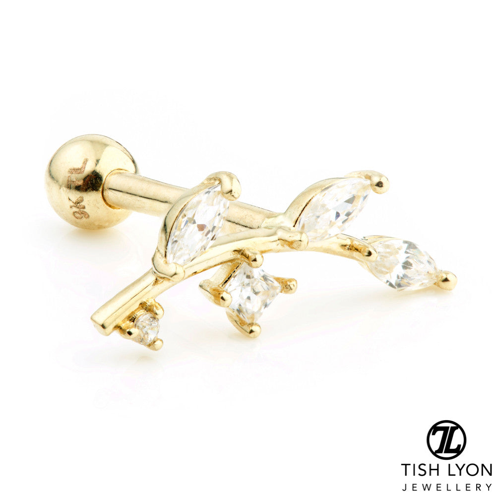 Gem Leaf 14 Carat Solid Gold Barbell Earring