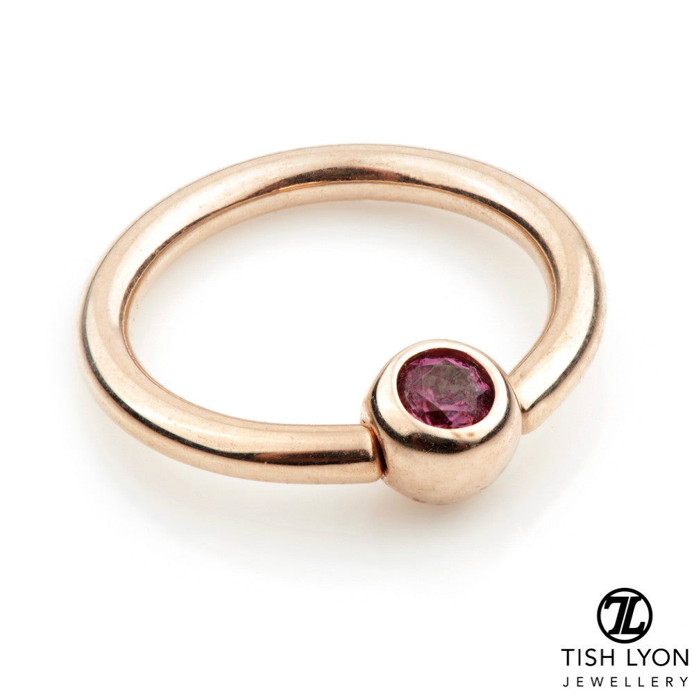 Solid 14ct Gold Rhodolite Ball Closure Ring