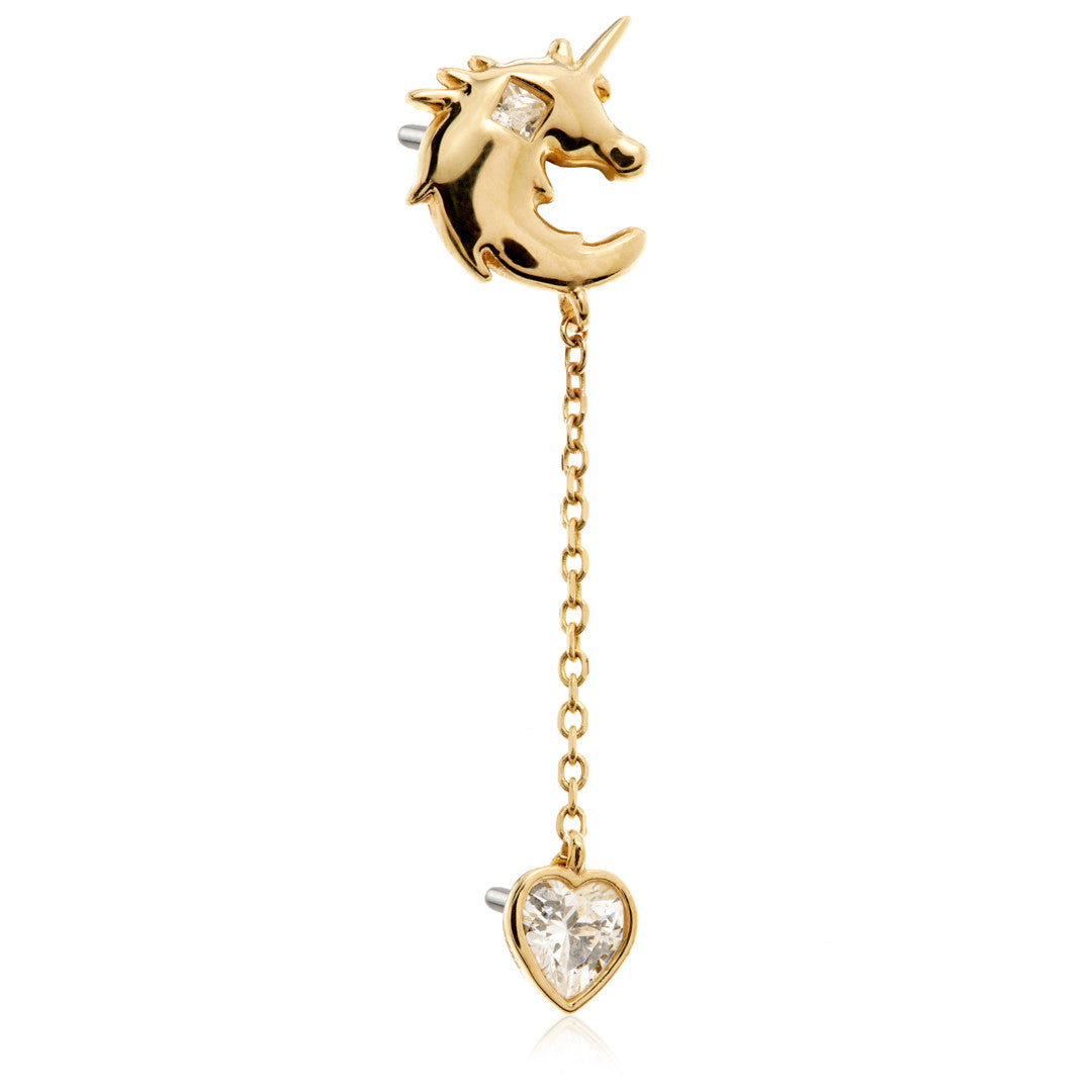 TL - 14ct Solid Gold Threadless Unicorn with Hanging Set Star and Heart Gem Attachment