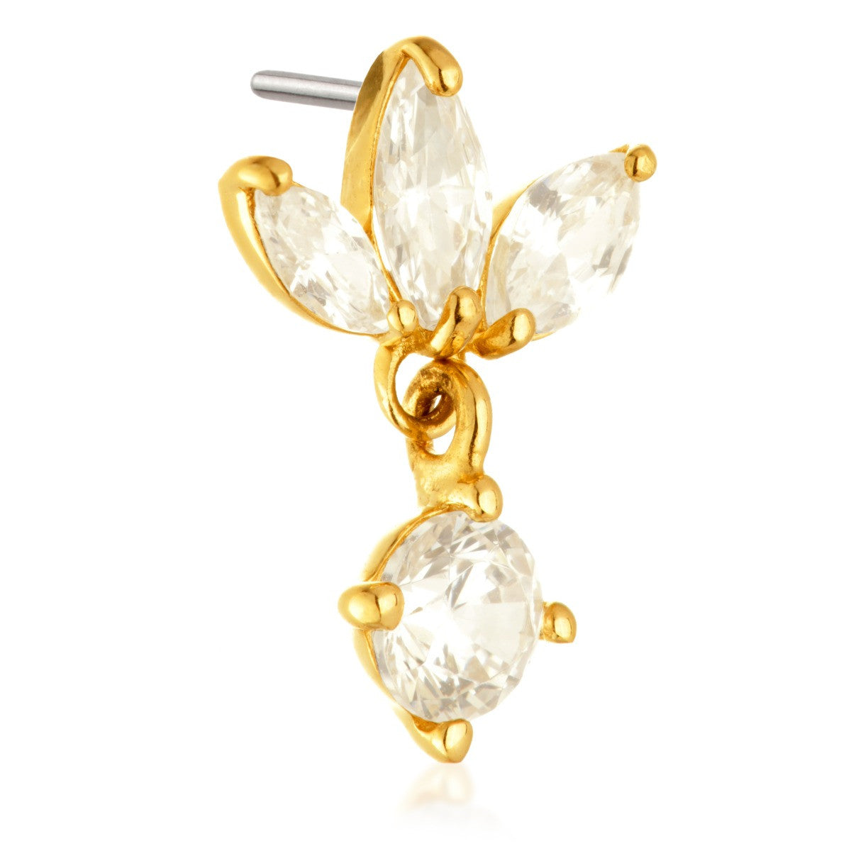TL - 14ct Threadless Gold Jewelled Fleur-de-lis Pin Attachment With Hanging Gem