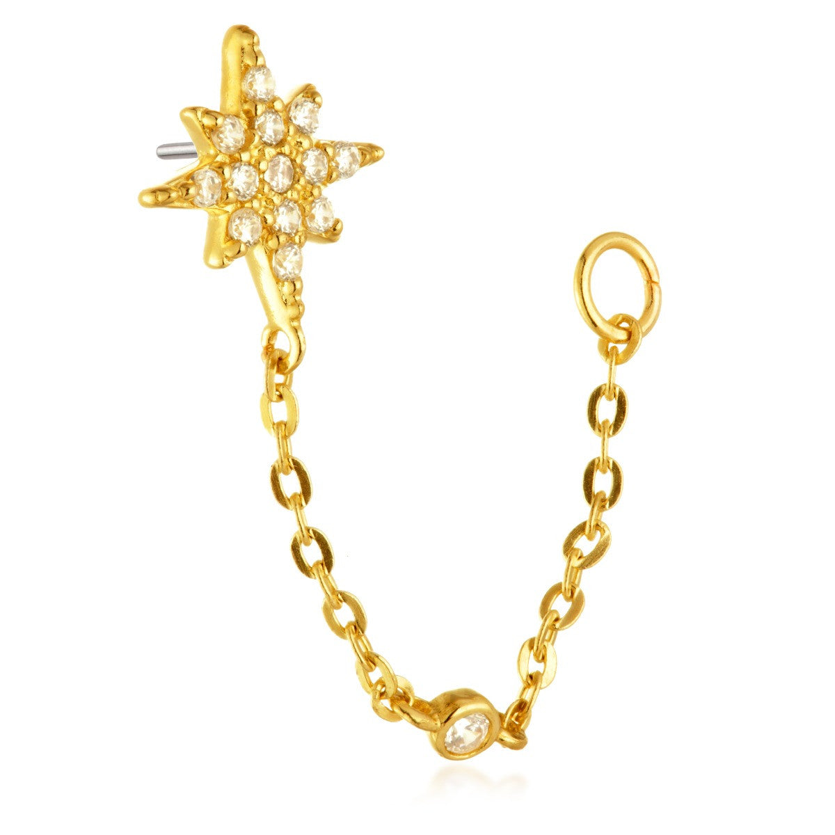 TL - 9ct Threadless Gold Jewelled Celestial Star Pin Attachment With Hanging Chain
