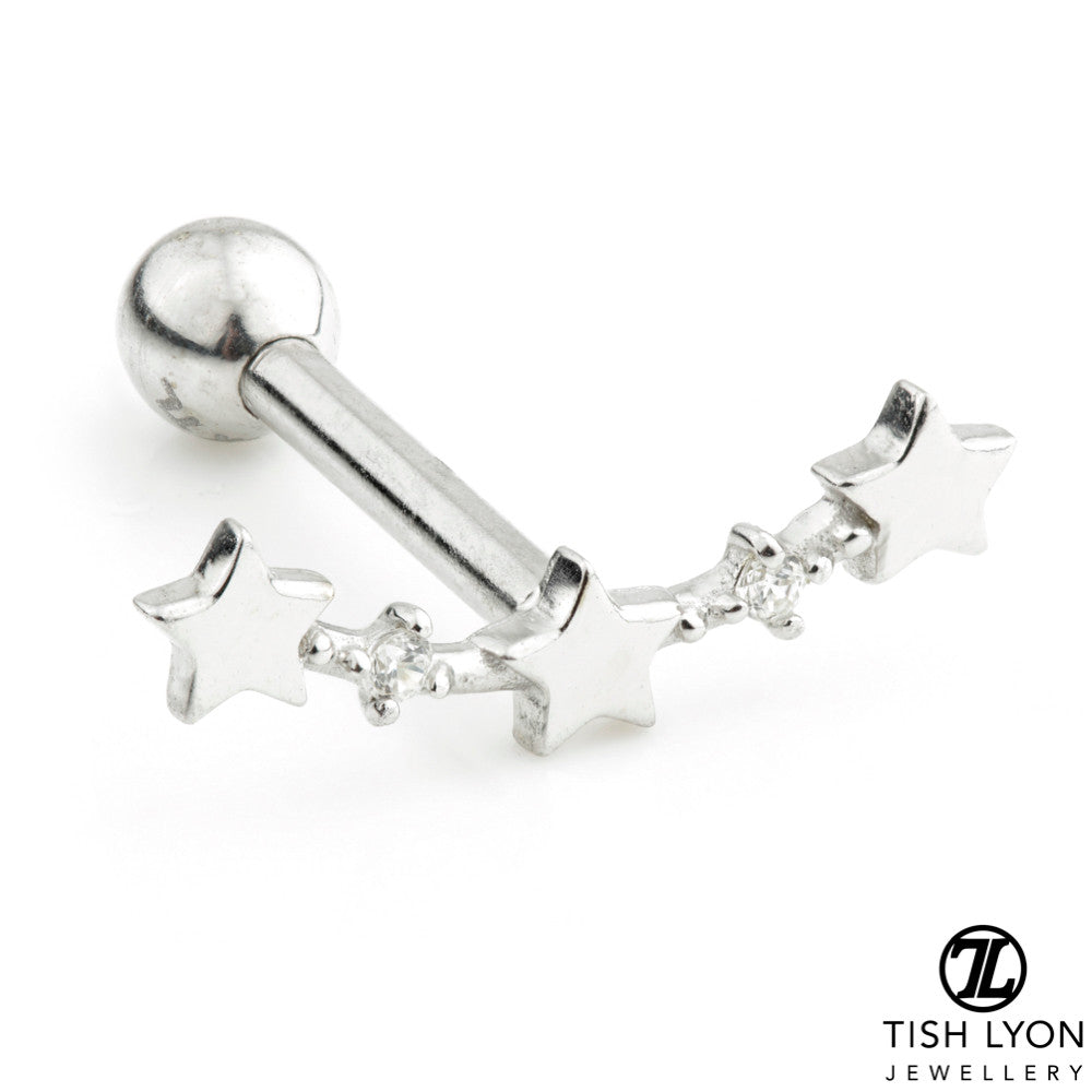 4 Gem Star Crescent 14 Carat Solid Gold Cartilage Barbell Earring