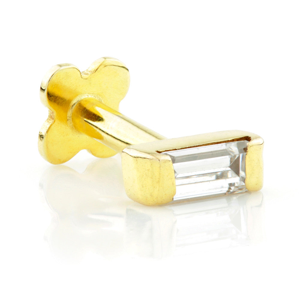 Solid Gold Jewelled Baguette Internal Thread Flatback Stud