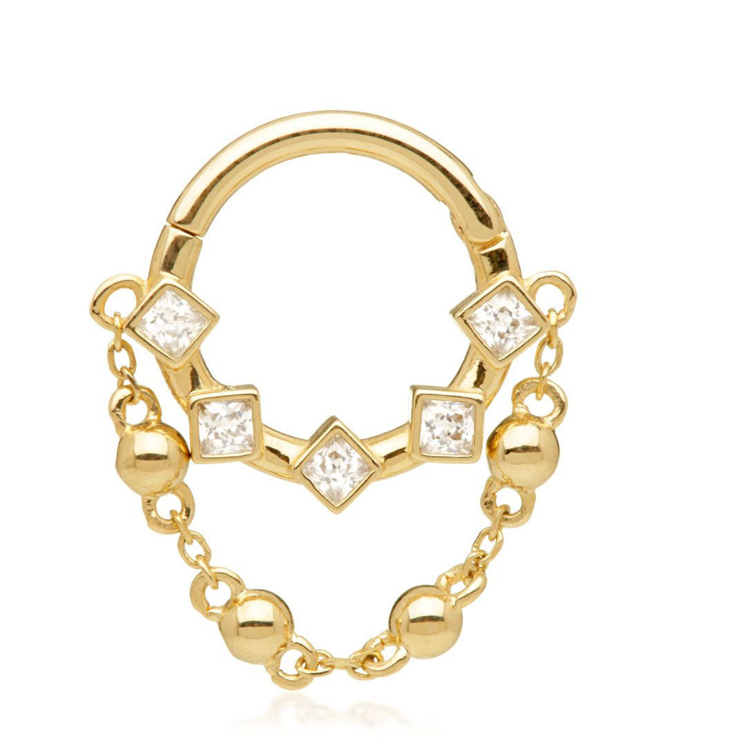 TL - Gold Jewelled Square Hinged Ring with Hanging Ball Set Chain