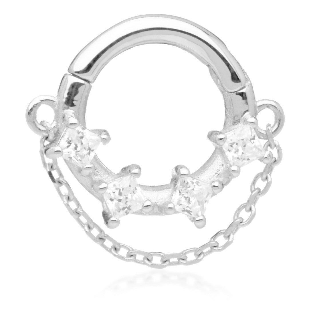 TL - Gold Prong Set Jewelled Hinged Ring with Hanging Chain