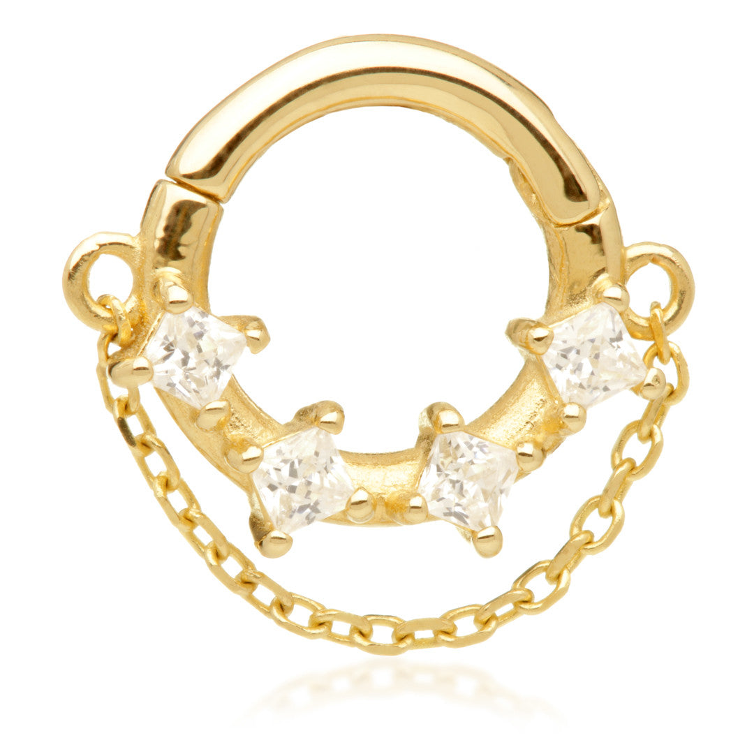 TL - Gold Prong Set Jewelled Hinged Ring with Hanging Chain
