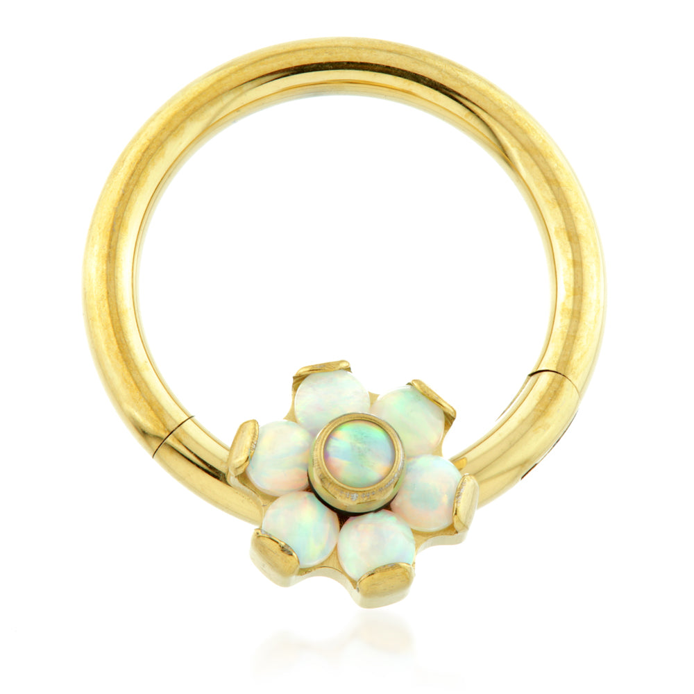 Zircon Gold Ti Forward Facing Opal Flower Hinged Segment Ring