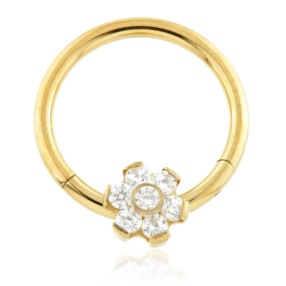 Zircon Gold Ti Forward Flower Gem Hinged Micro Ring
