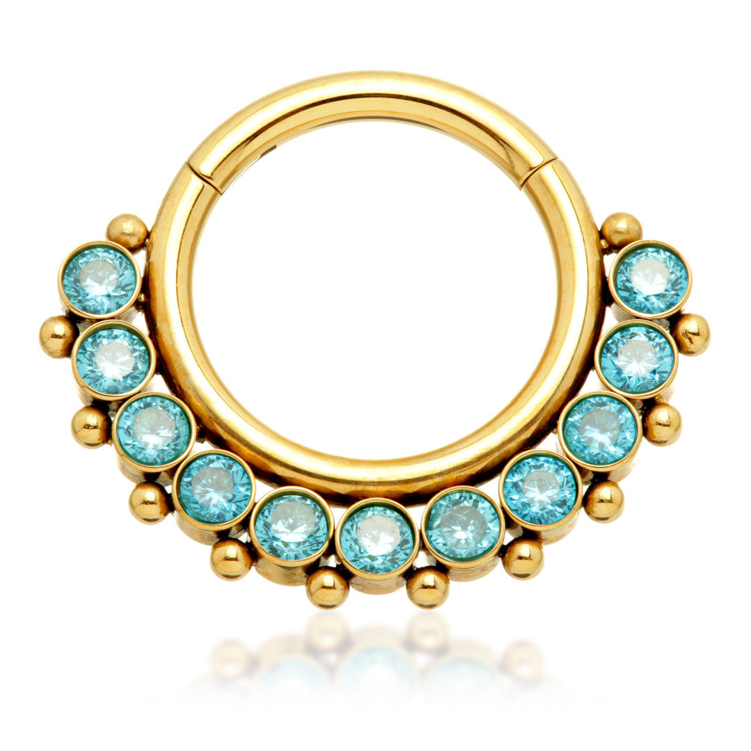 Zircon Gold Ti Front Facing Jewelled Cluster Hinged Ring