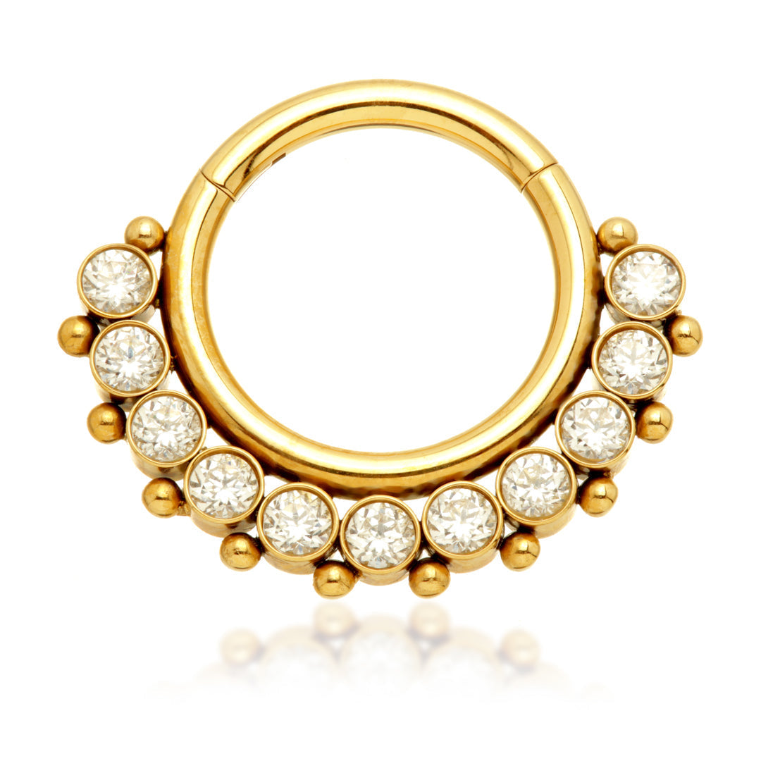 Zircon Gold Ti Front Facing Jewelled Cluster Hinged Ring