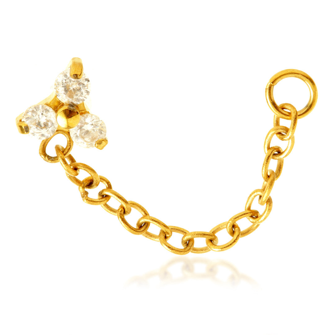 Zircon Gold Ti Internal Jewelled Trinity Attachment with Hanging Chain for Double Piercing