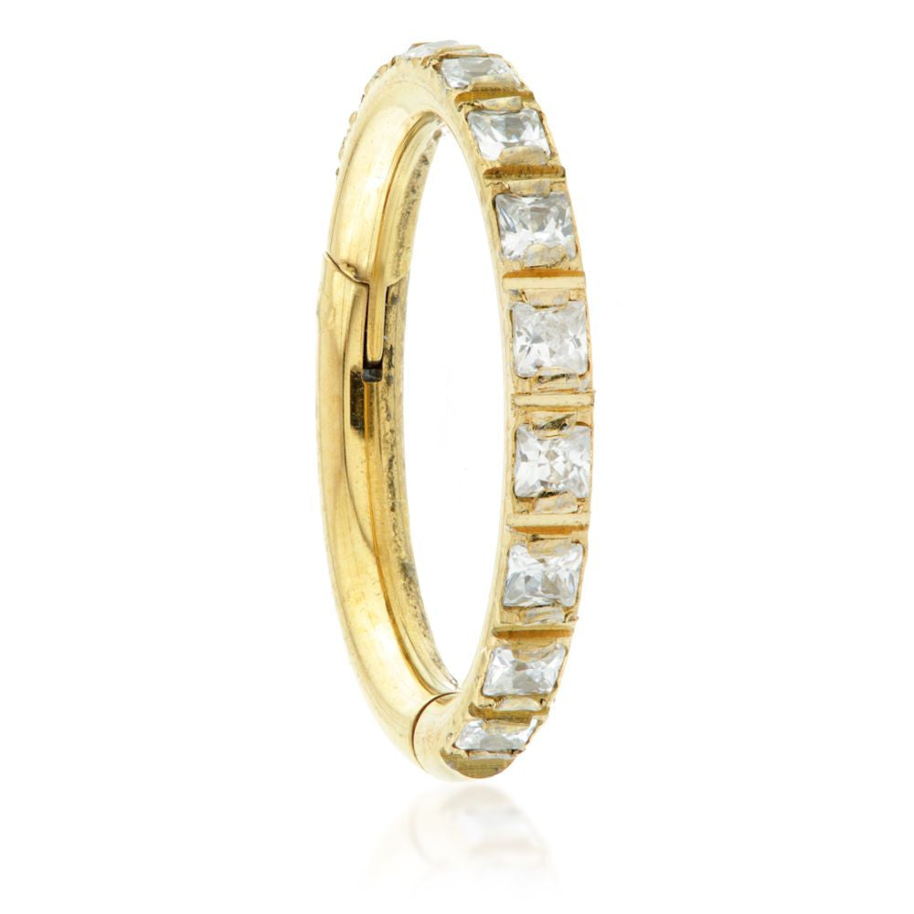 Zircon Gold Titanium Square Gem Blaze Set Hinged Micro Ring