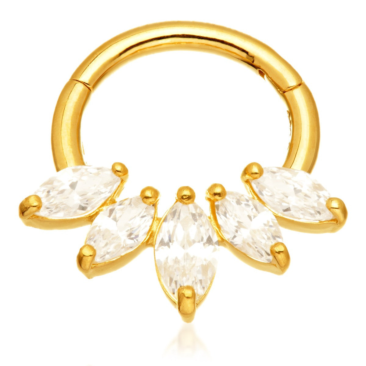 Solid Gold Front-Facing Marquise Gemstone Cluster Hinge Segment Ring