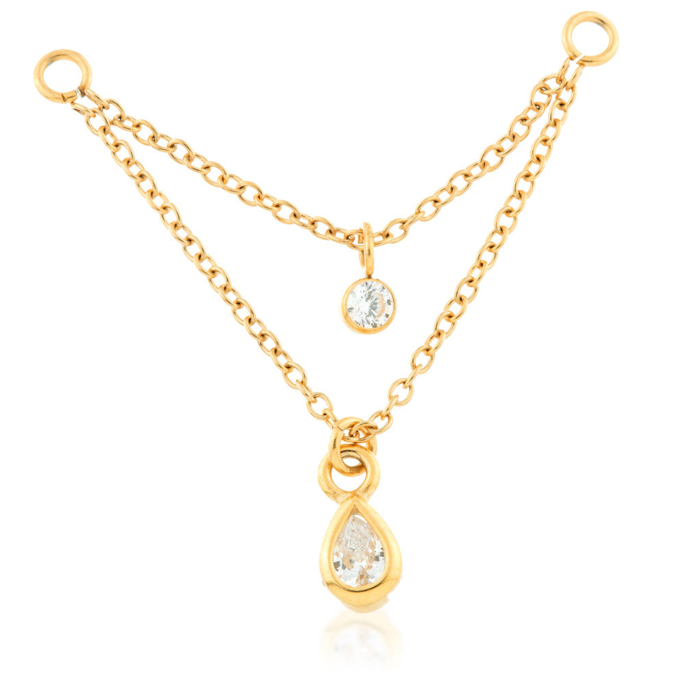 Zircon Gold Steel Double Hanging Gem Chain Charm