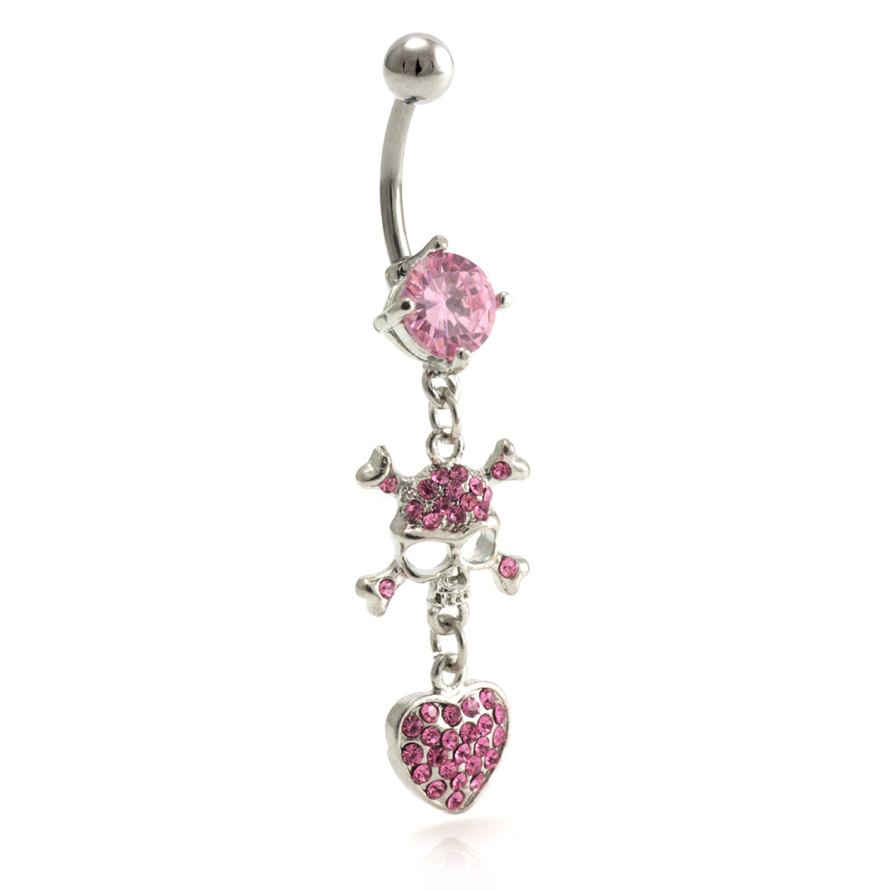 Hanging Skull and Heart Jewelled Belly Bar