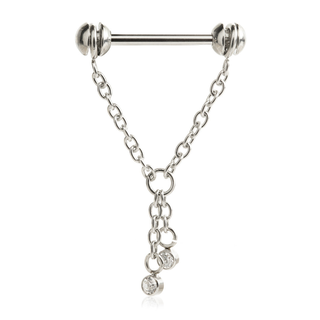 External Threaded Steel Rotating Nipple Chain Barbell with Hanging Crystals