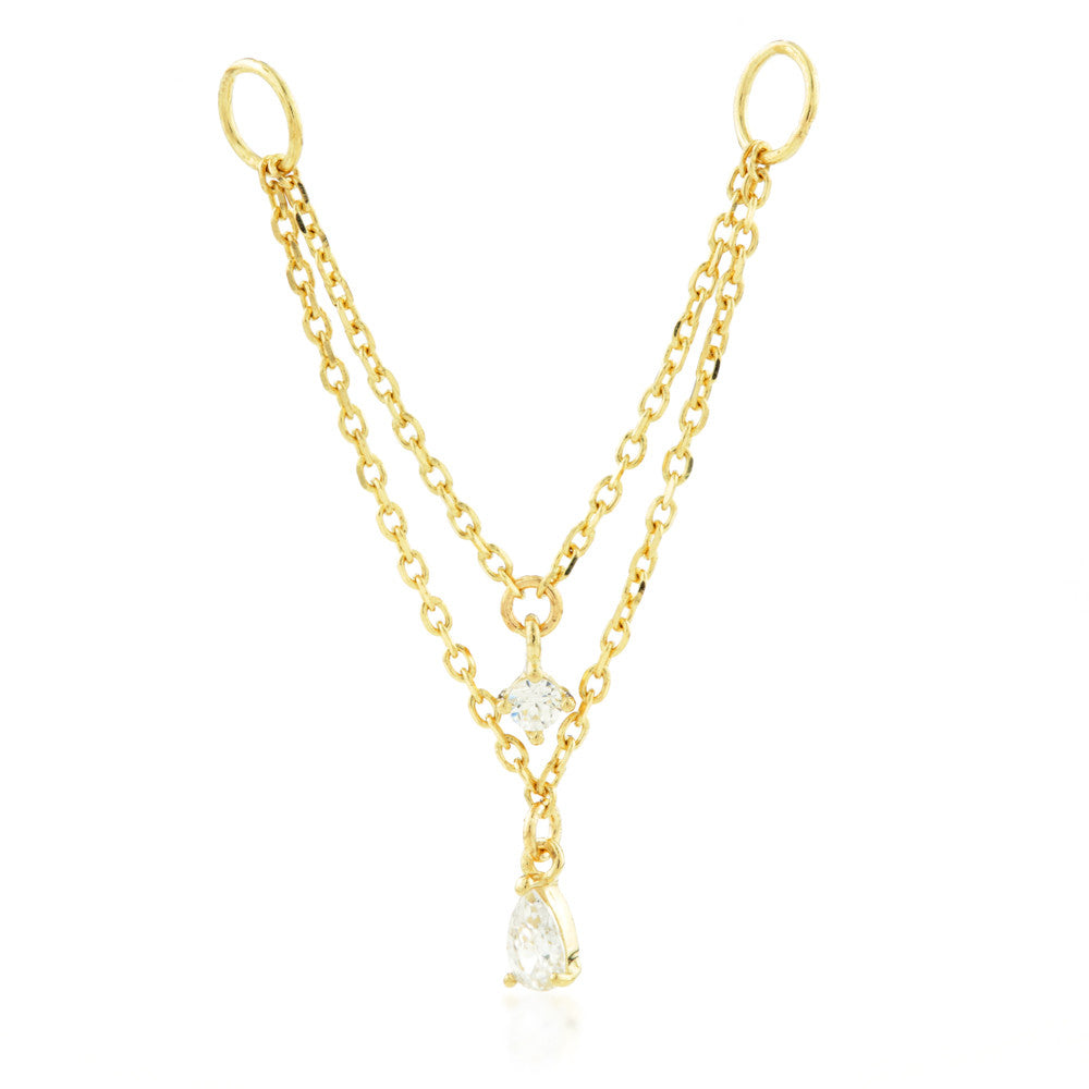 Solid Gold Hanging Double Chain Charm with Hanging Gems