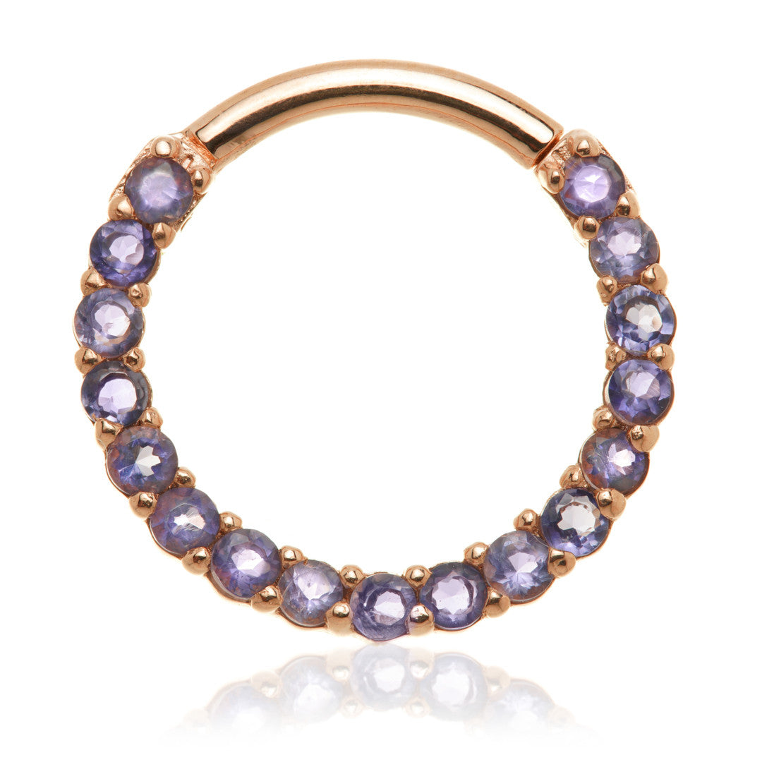 Solid 14ct Gold Iolite Pave Front Facing Hinge Daith Ring