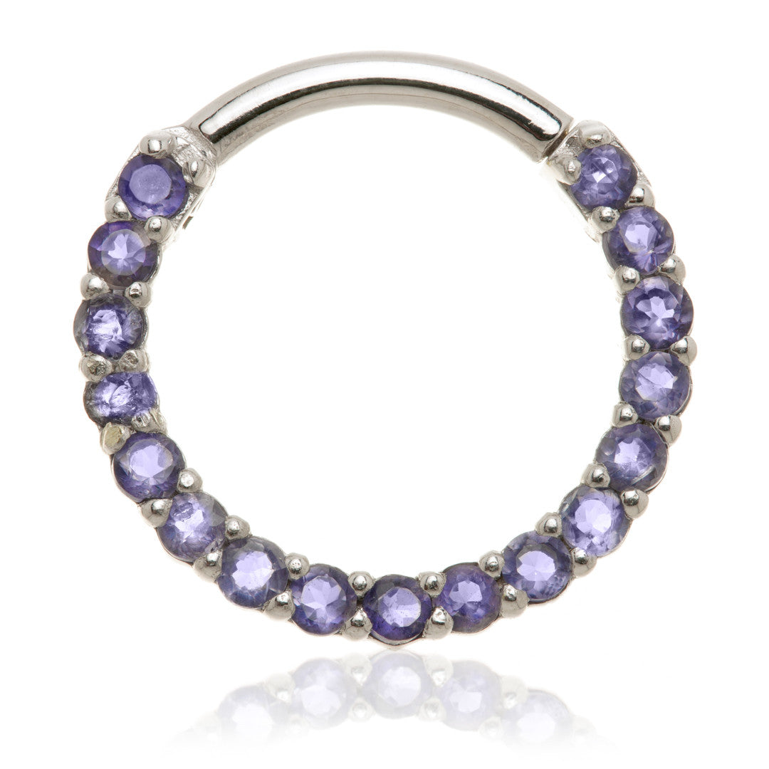 Solid 14ct Gold Iolite Pave Front Facing Hinge Daith Ring
