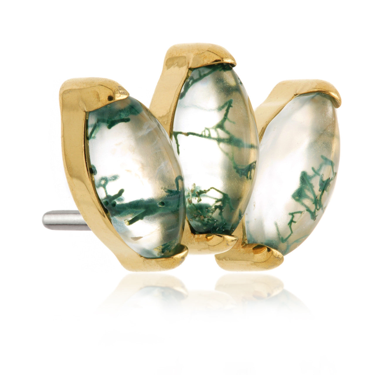 Zircon Gold Ti Threadless Triple Marquise Attachment with Moss Agate Stone