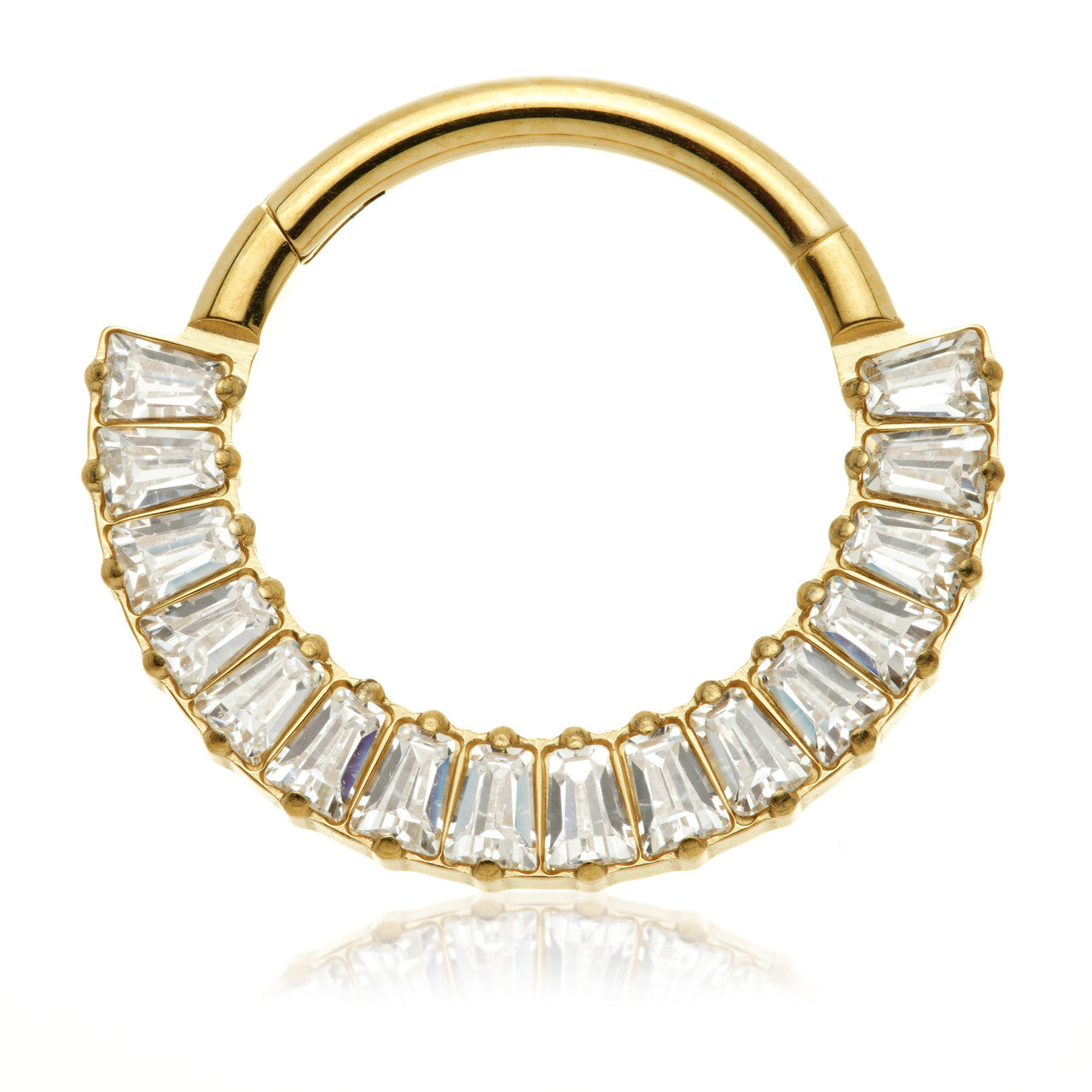 Zircon Gold Titanium Forward Facing Half Pave Baguette Gem Hinged Ring