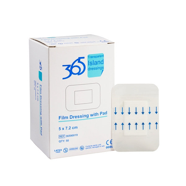 365 Film Dressings with Pad (Box of 50) - 5 x 7.2cm