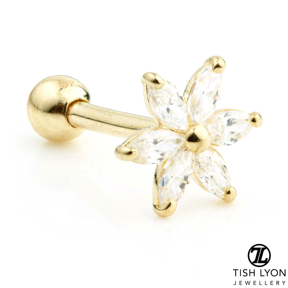 Gem Flower Solid Gold Cartilage Barbell Earring