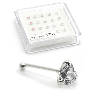20x Silver Gem Heart Straight Ball Back - in Box
