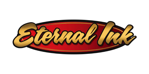 Eternal Ink logo with gold text on a red background