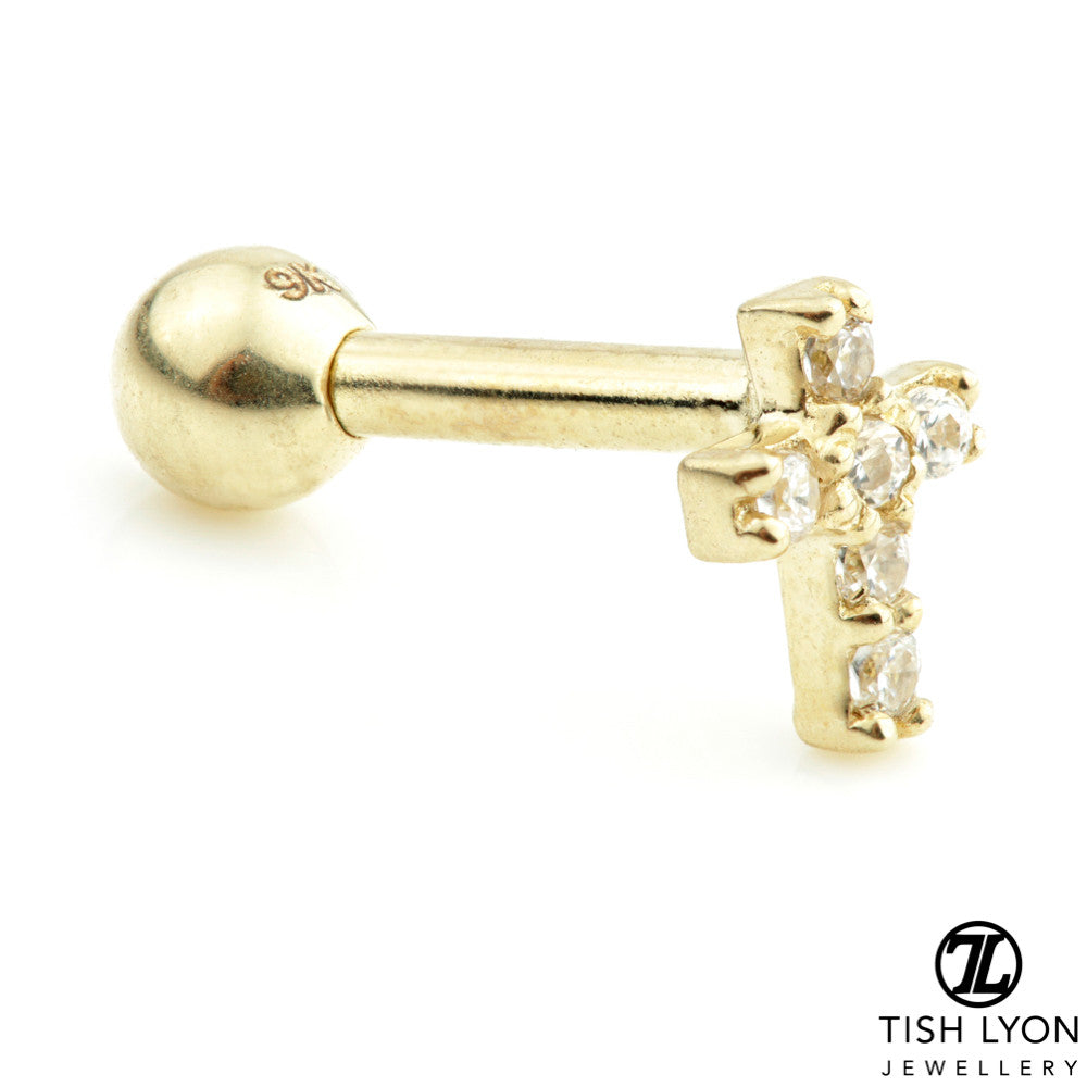 Gem Crucifix Solid Gold Cartilage Barbell Earring