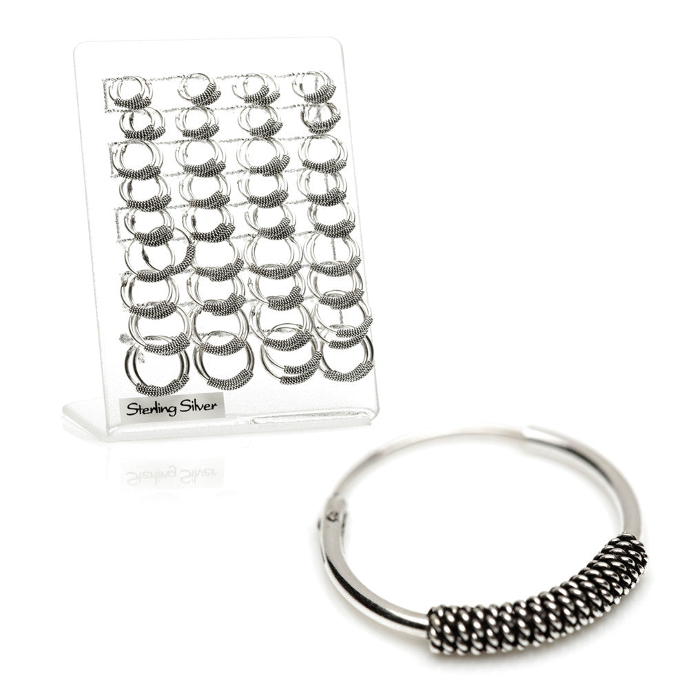 Rope Silver Hoops on Plastic Display Board - 36 Pairs