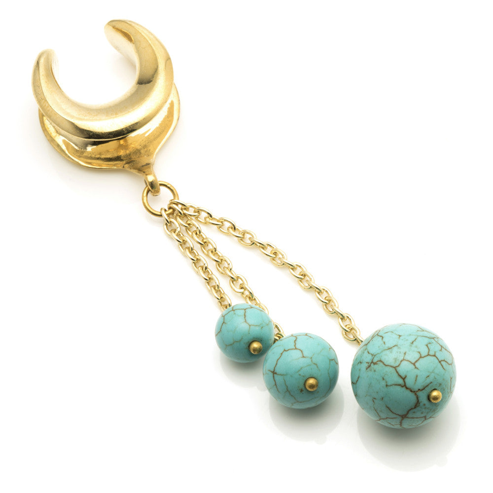 1x Turquoise 3 Bead Drop on Brass Half Flared Tunnel