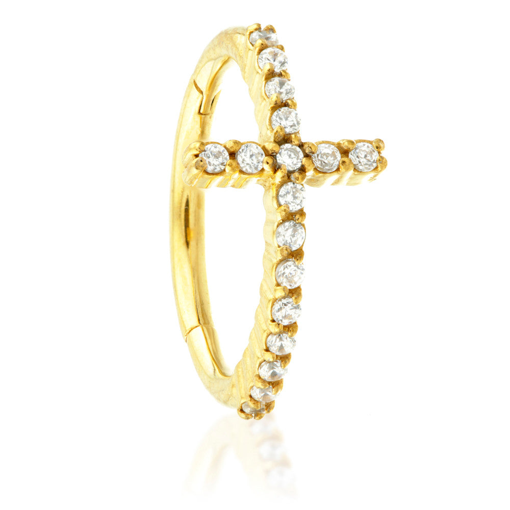 24K Gold Steel Hinged Cross Crystal Conch Ring