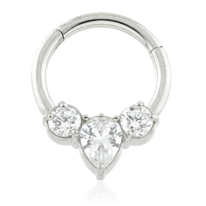 Steel 3 Gem Tear Hinged Micro Ring