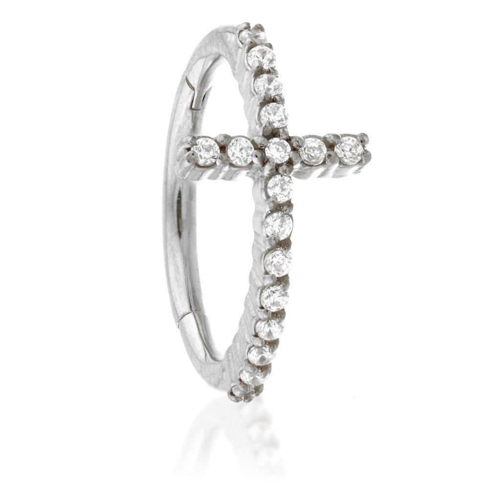 Steel Hinged Jewelled Bar Conch Ring