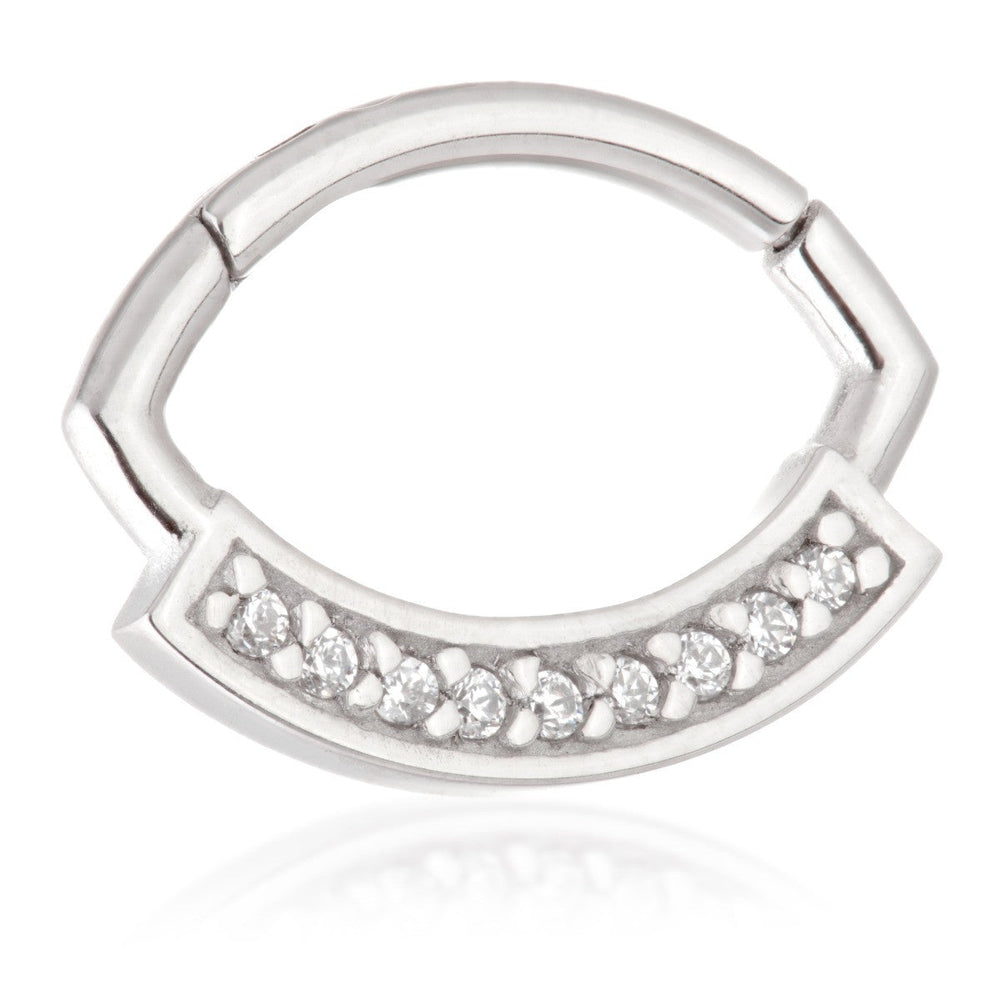 Steel Marquise Shaped Front Facing Jewelled Pave Hinged Ring