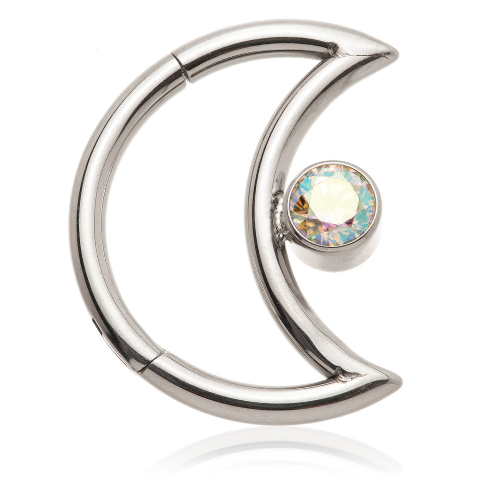 Steel Moon Shaped Hinge Ring with Round Gem