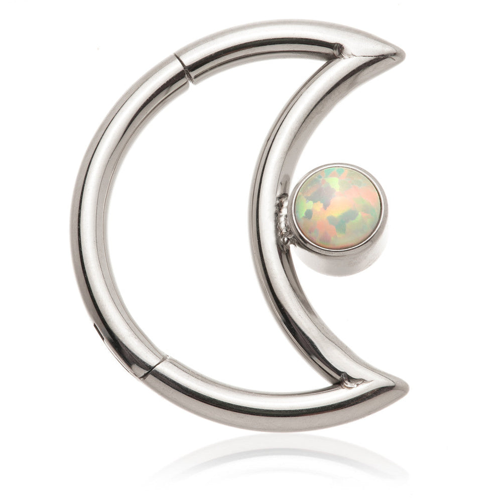 Steel Moon Shaped Hinge Ring with Round Opal
