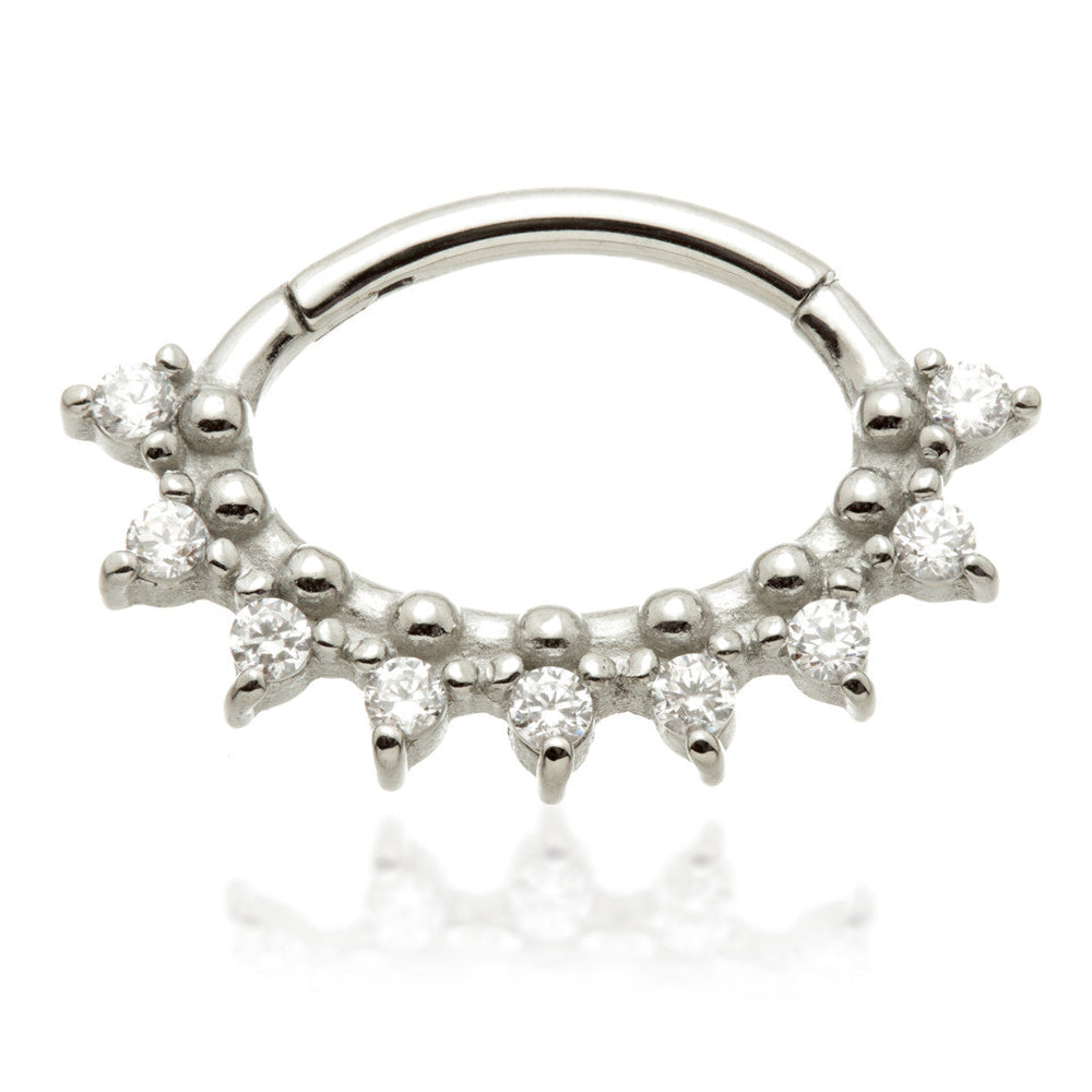 Steel Oval Shaped Front Facing Jewelled Prong and Beads Hinged Ring