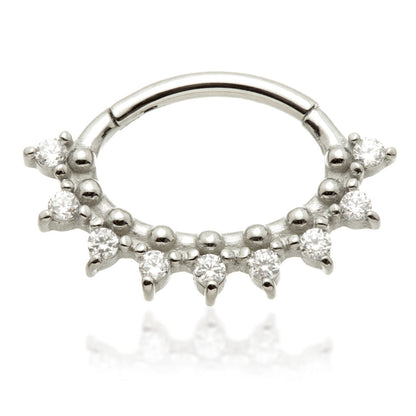 Steel Oval Shaped Front Facing Jewelled Prong and Beads Hinged Ring