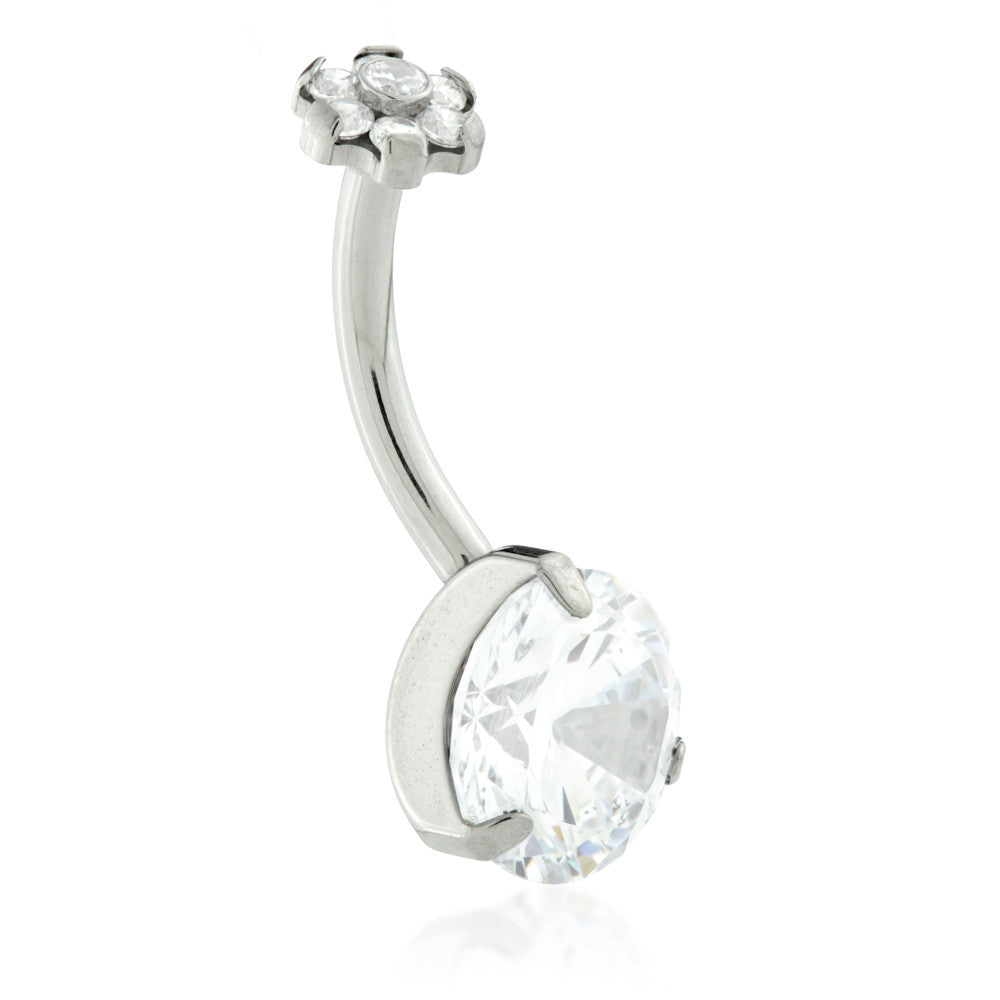 Threadless Ti Double Round Gem Belly Bar with Gem Flower Top