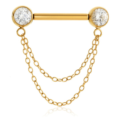 Threadless Zircon Gold Ti Jewelled Disk Double Chain Nipple Bar